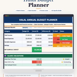 May include: A digital Halal Budget Planner spreadsheet with a dark blue and white interface. The planner includes sections for income, expenses, savings, and Islamic obligations. The text "Halal Budget Planner" is at the top. The spreadsheet is US-Specific.