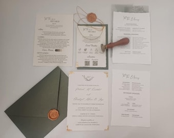 セージグリーンの結婚式招待状テンプレート：エレガントなボタニカルデザイン（デジタルダウンロード）