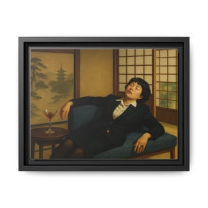 Tired Japanese Business Woman on Couch, Retro Japan Artwork, Soft Tonal Oil Painting, Cocktail Art Bar Cart Decor, Unique Dining Room Art