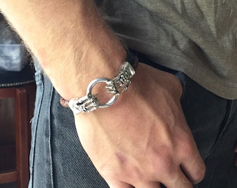 Skeletal Hands Antiqued Silver Braided Leather Bracelet, choose your length, spring ring clasp,5 color choice, large wrist, Mens jewelry