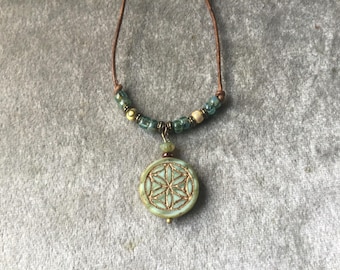 Adjustable leather Cord Picasso Green Seed of Life Choker with Chocolate seed beads, adjustable necklace, bone white and seafoam