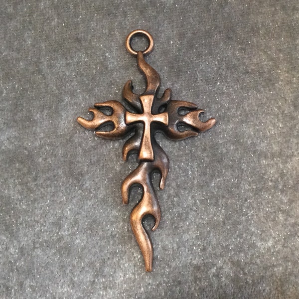 Copper alloy Fire cross big pendant, large antiqued copper pendant, rustic, 62x35mm, Hole 5mm