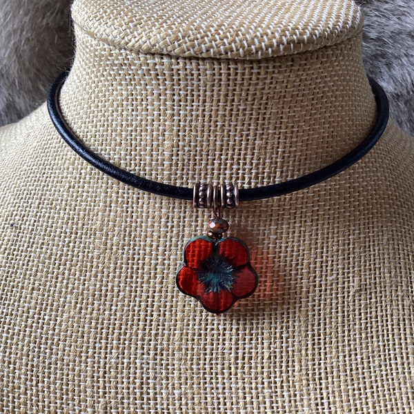 Czech Transparent Crimson Table Cut Glass Flower Boho Leather Necklace, blue and green Picasso , blossom, choose your length and cord color