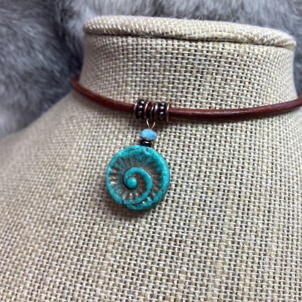Czech Glass Spiral Fern Copper Boho Leather Necklace, natural leather, Copper Picasso turquoise fern choker, men or women choose your length