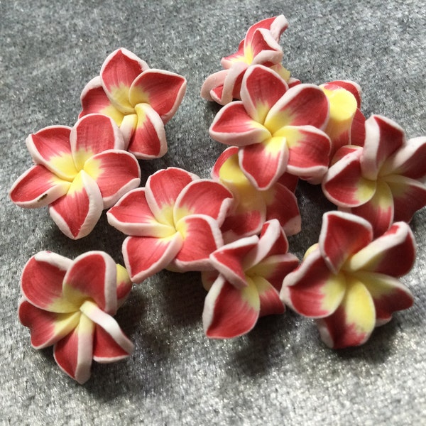 Set of 10 Polymer Clay Plumeria Flower Beads, ombré red to yellow and white edge, brick red blossom beads,Hawaiian floral 15x10mm clay beads