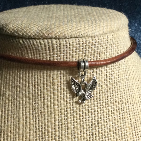 Tiny Eagle Charm Leather Choker Necklace, silver alloy bird of prey, choose from 3 cord colors and 11-22 inches, men women kids teens, boho