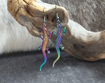 Rainbow Ionized Lizard Gecko Earrings, multi color salamander hook earrings, stainless steel ear hooks, iridescent ombré chameleon charms