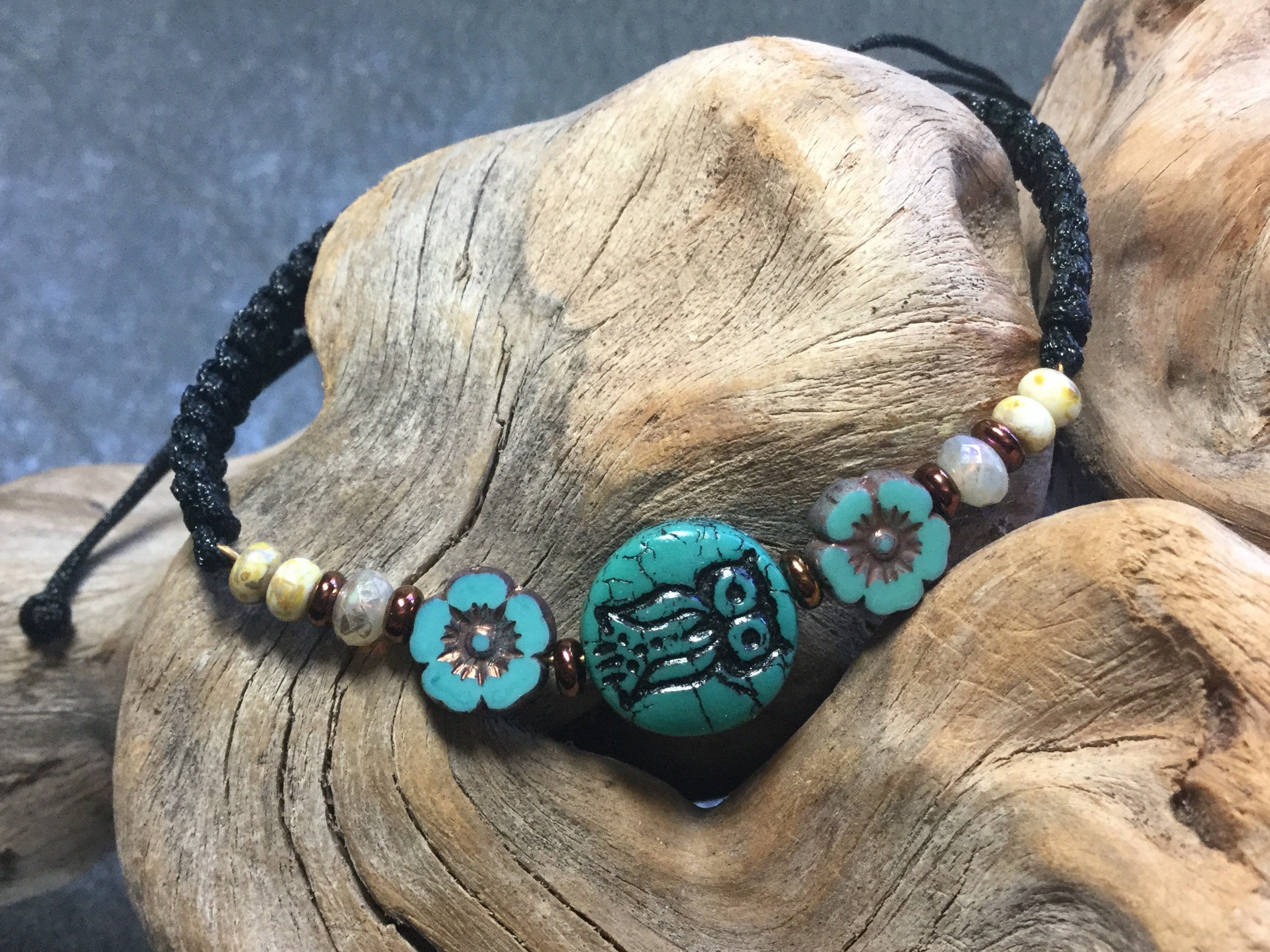 Beaded Czech Turquoise Glass Owl Adjustable Bracelet, white copper and turquoise knotted bracelet, b