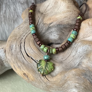 Adjustable Wax Cord Czech Glass Maple Leaf Choker, pressed translucent green gold wash, picasso seed beads, adjustable necklace boho