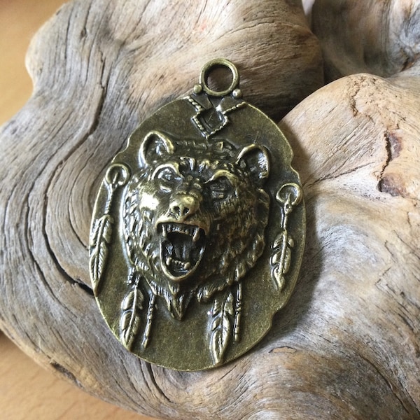 Large bear medicine pendant, roaring bear, growling, bronze alloy, bear shield pendant, Native American bear totem, feathers