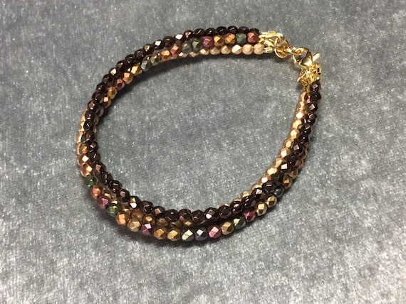Multi strand Czech Fire Polished Crystal Bracelet, 3 strand brushed gold dark copper and multi color bracelet, choose your length 6-10”
