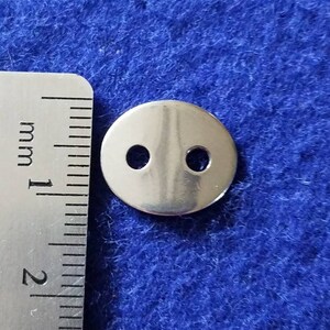 May include: A silver metal button with two holes. The button is approximately 1 cm in diameter.