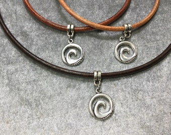 Maori Wave Charm Leather Choker Necklace, wave silver alloy pendant, choose from 3 cord colors and 11-22 inches, men women kids teens, boho