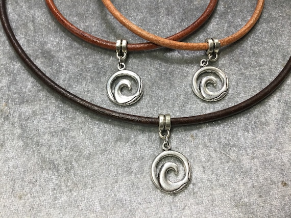 Maori Wave Charm Leather Choker Necklace, wave silver alloy pendant, choose from 3 cord colors and 11-22 inches, men women kids teens, boho