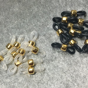 Gold electroplated hematite eyeglass holders, sets in 10 piece increments, Eyeglass chain, grip components, white or black color rubber