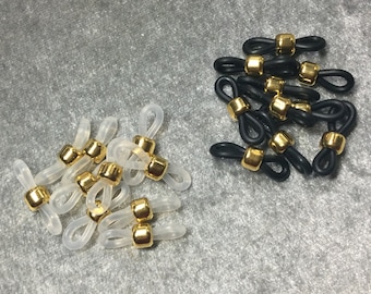 Gold electroplated hematite eyeglass holders, sets in 10 piece increments, Eyeglass chain, grip components, white or black color rubber