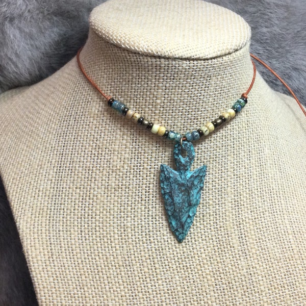 Adjustable Leather Oxidized Copper Arrowhead Choker, seafoam antiqued bone Picasso seed beads, men's Native American boho western necklace