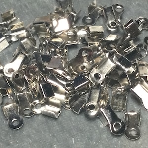 Pack of 100 Metal 4x8mm Cord Crimp Ends, fold over ribbon terminators, small chain end with loop, destash findings
