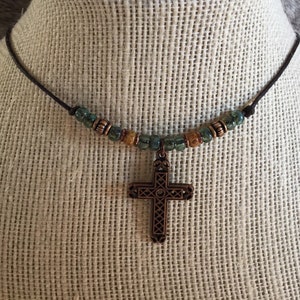 Adjustable Wax Cord Copper Cross Choker, filigree cross, copper alloy, Picasso seed beads, charm choker, adjustable necklace men boho