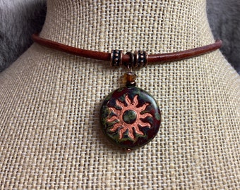 Czech Red Glass Picasso Glaze Sun Boho Leather Necklace, natural leather gold wash sun symbol men or women choose your length and cord color