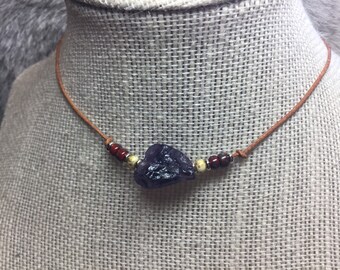 Adjustable Raw Amethyst Leather Beaded Necklace, opaque red & bone colored Picasso seed bead, natural OOAK gemstone, rough cut stone