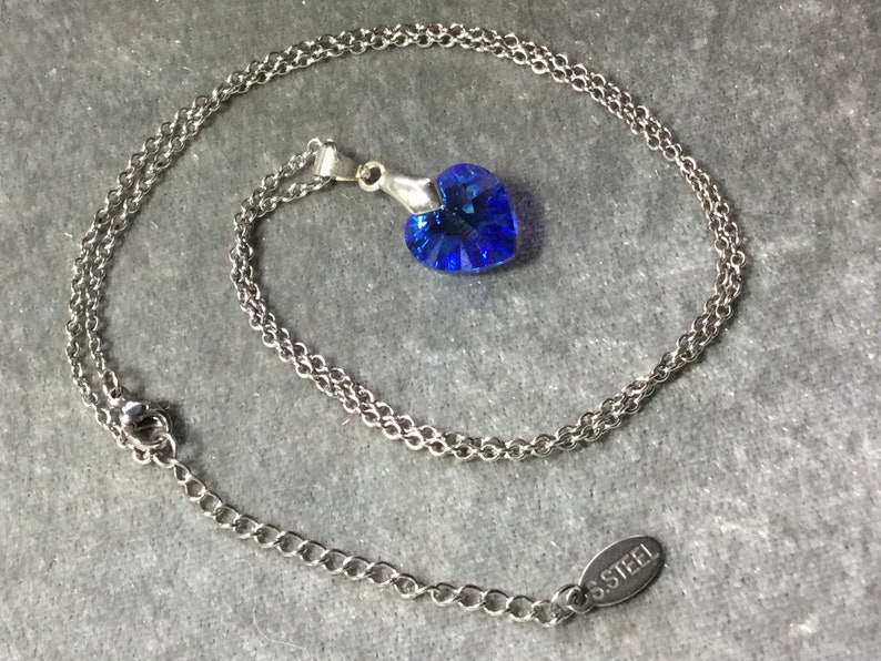Cobalt blue crystal heart necklace 20 inch with 2 inch extension chain dark sapphire blue crystal heart stainless steel chain necklace