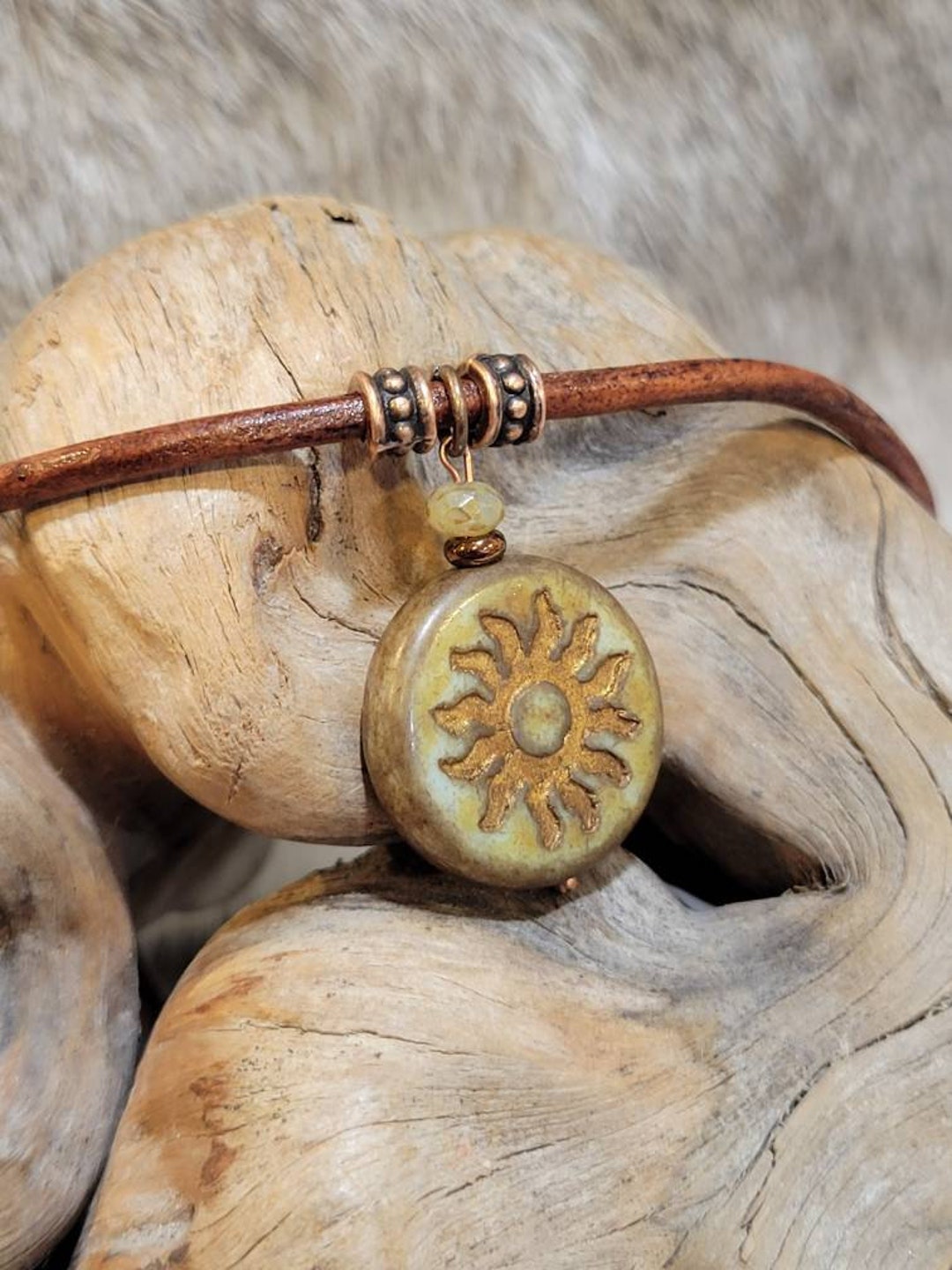 Czech picasso matte olive colored glass sun boho leather necklace, gold wash sun symbol, men or women choose your length and cord color