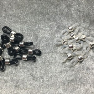 Silver electroplated hematite eyeglass holders, sets in 10 piece increments, eyeglass chain, grip components, white or black color rubber