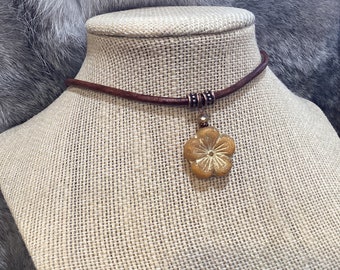 Czech Pumpkin Orange Etched Glass Flower Boho Leather Necklace, gold wash blossom, choose your length and cord color