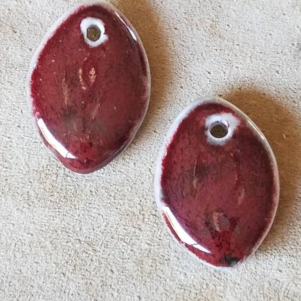 2 Piece Set Brick Red Glazed Porcelain Pendants, goth red earring charms, boho, hippy, great with gold, destash