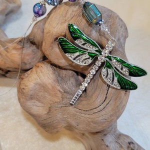 Rhinestone studded emerald green enameled dragonfly ornament, crystal and glass window hanger, Christmas decoration