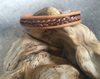 3 strand saddle brown braided leather bracelet, magnetic clasp, western jewelry for men or women, choose your length, small or large wrist