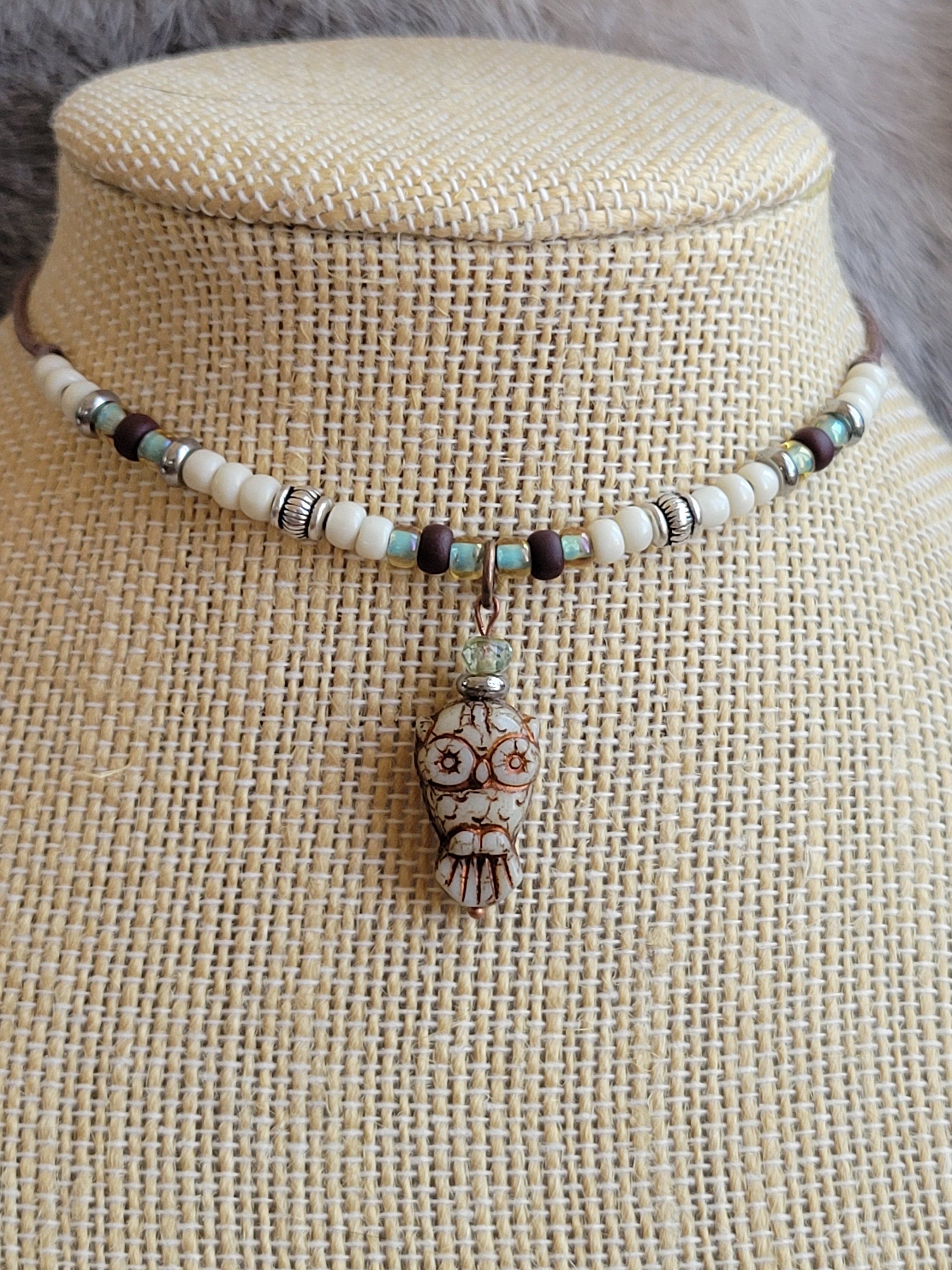 Adjustable Wax Cord Czech Glass Owl Choker, Czech copper wash antiqued cream pressed glass, glass se