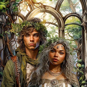 May include: A portrait of a couple standing in front of a window with a leafy vine growing around it. The woman has long, silver hair and is wearing a white dress with gold embroidery. The man has short, brown hair and is wearing a green jacket and a brown scarf.