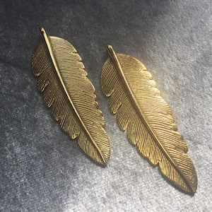 May include: Two gold-colored feather-shaped earrings. The earrings are detailed with a textured feather design.