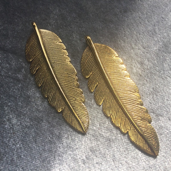 2 Large Golden Feather Pendants, gold tone alloy feather, 17x55mm, lightweight, Native American design piece, destash