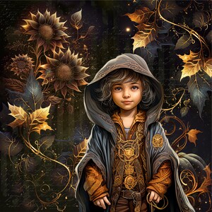 May include: A young person wearing a dark blue hooded cloak with gold accents and intricate detailing. The cloak has a high collar and is adorned with a gold chain and a decorative pendant. The person is standing in front of a background of gold and brown leaves.