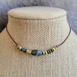 Adjustable Leather Natural Moss Green Agate Choker Necklace, antique bone Picasso glass seed beads, boho hippie surfer