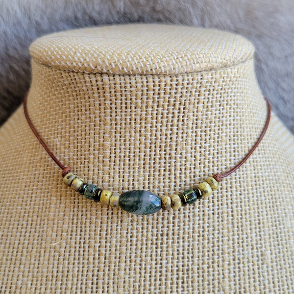 Adjustable Leather Natural Moss Green Agate Choker Necklace, antique bone Picasso glass seed beads, boho hippie surfer