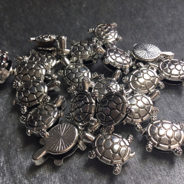 Set of 20 Silver Turtle Slide Charms, silver tone alloy, tortoise bead, choker necklace focal