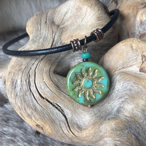 Czech Picasso Turquoise Green Glass Sun Boho Leather Necklace, gold wash sun symbol, men or women choose your length and cord color