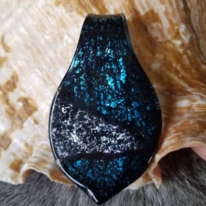 Silver foil leaf shaped lampwork glass pendant, Aqua and Black large glass pendant, large hole pendant, leaf shaped glass pendant, destash