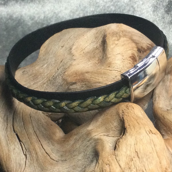 Distressed green and Black braided leather bracelet, silver plated magnetic slide brass clasp, customize length 7-10 inches, men women teens