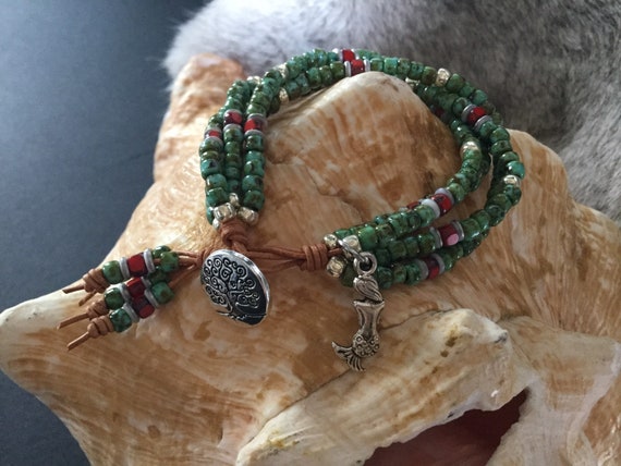 Multi Strand Tan Leather Boho Bracelet, Tree of Life Button
