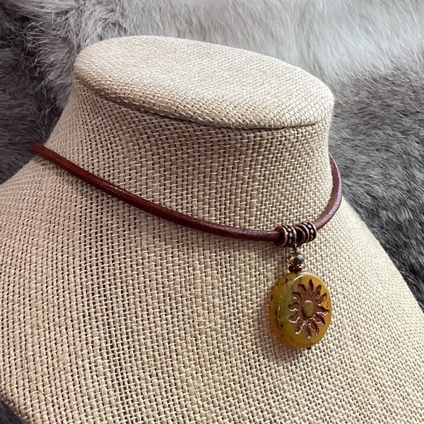 Czech Dandelion Yellow Glass Sun Boho Leather Necklace, natural leather gold wash sun symbol, men or women choose your length and cord color