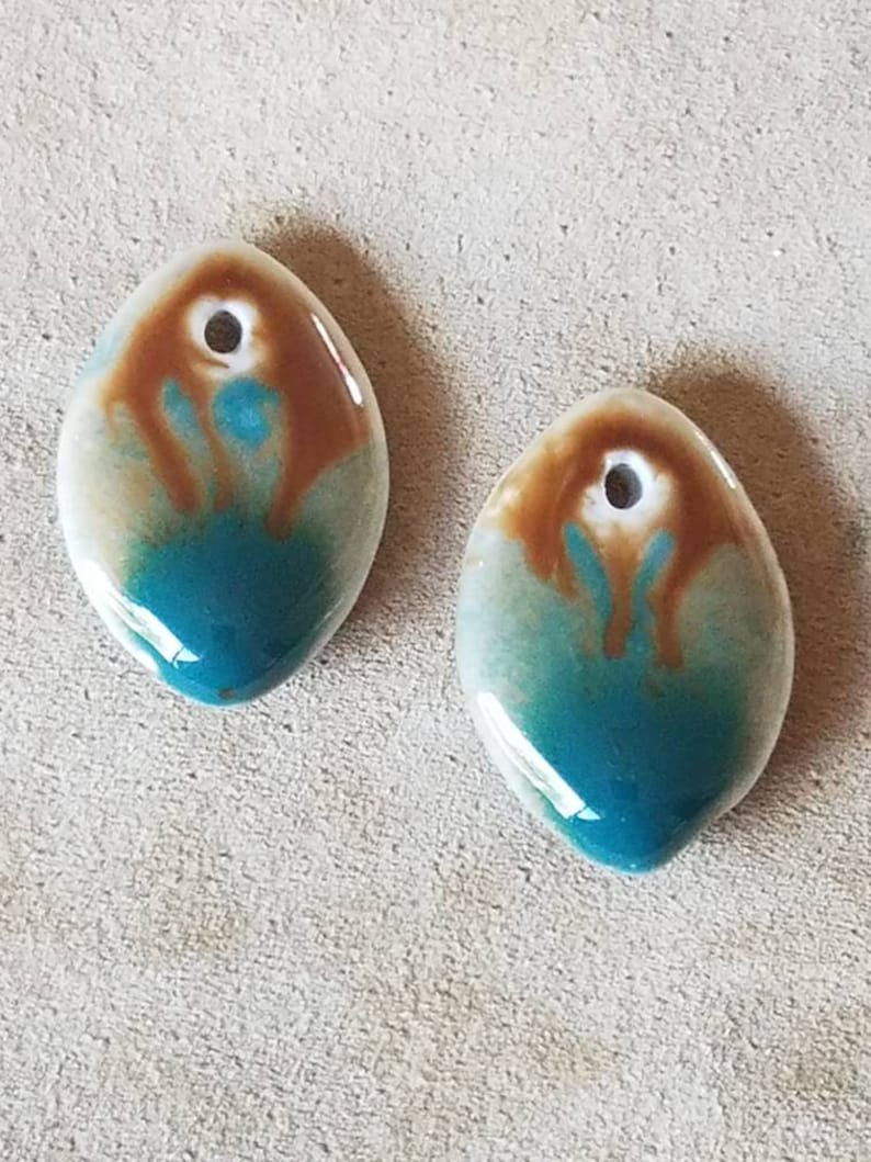 2 Piece Set Gaia's Tears Watercolor Porcelain Pendants, earth color earring charms, destash image 1