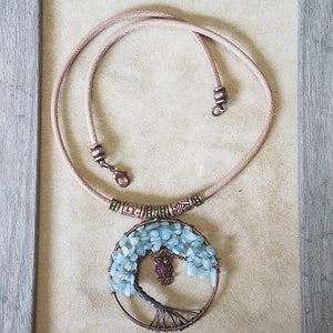 Aquamarine Tree of Life and Copper Owl Charm Leather Choker Necklace, choose your length 12-22 inches, natural tan or distressed leather