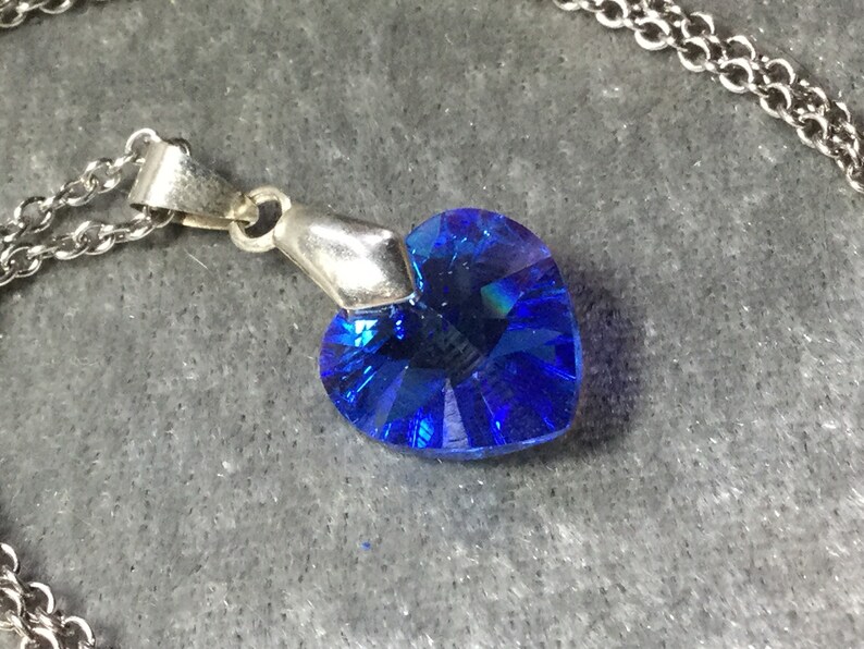 Cobalt blue crystal heart necklace 20 inch with 2 inch extension chain dark sapphire blue crystal heart stainless steel chain necklace