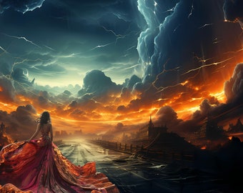May include: A woman in a long, flowing red dress stands on a path leading towards a city in the distance. The sky is filled with dramatic clouds and lightning.