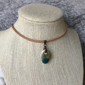 Gaia’s Tear's Handmade Porcelain Green and Brown Pendant Choker, natural leather and copper necklace, earth tone boho leather necklace